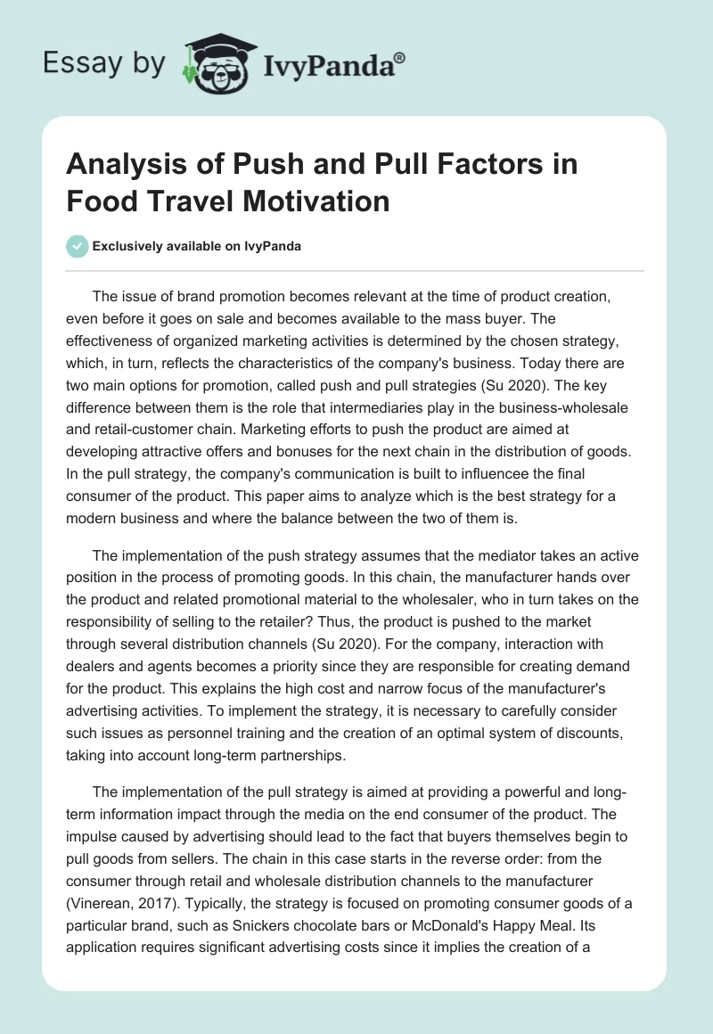 Analysis of Push and Pull Factors in Food Travel Motivation. Page 1