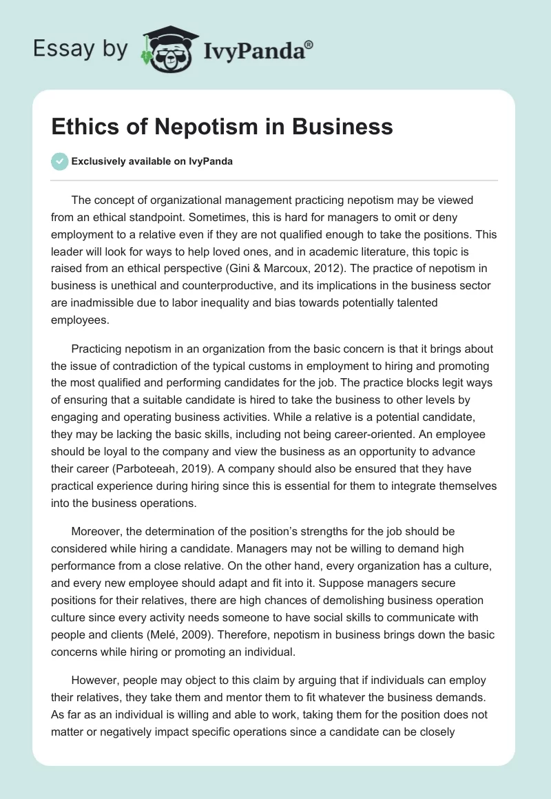 Ethics of Nepotism in Business. Page 1