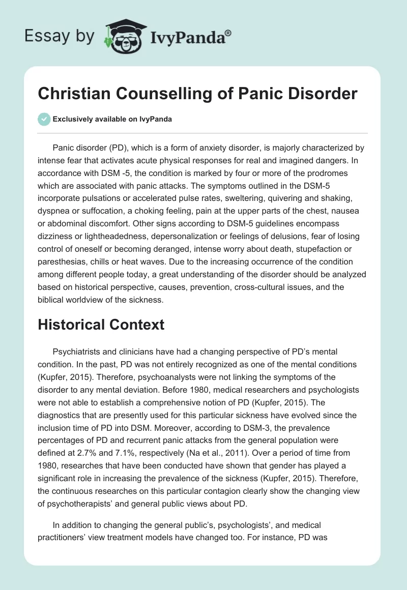 Christian Counselling of Panic Disorder. Page 1