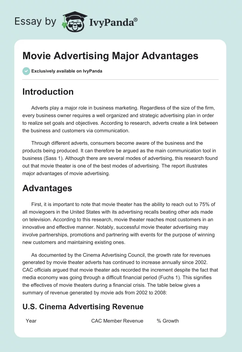 Movie Advertising Major Advantages. Page 1
