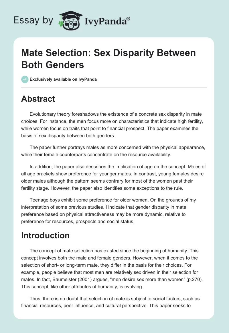 Mate Selection: Sex Disparity Between Both Genders. Page 1
