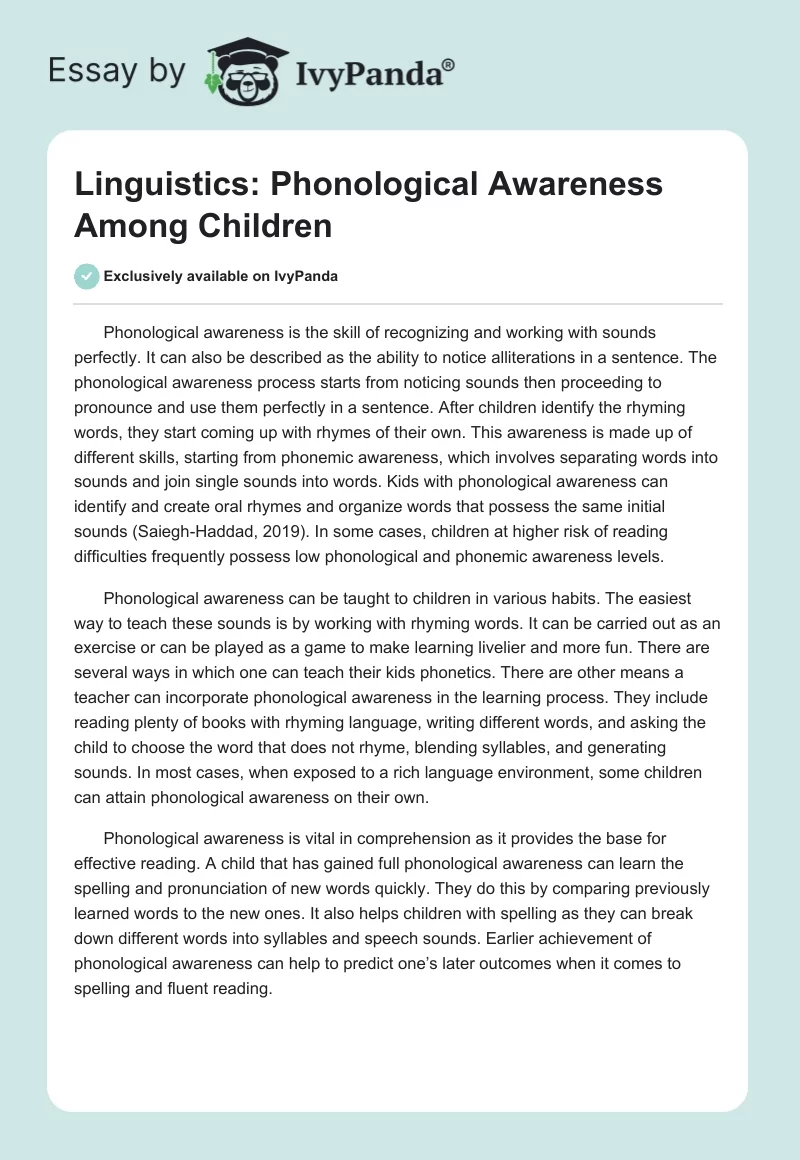 Linguistics: Phonological Awareness Among Children. Page 1