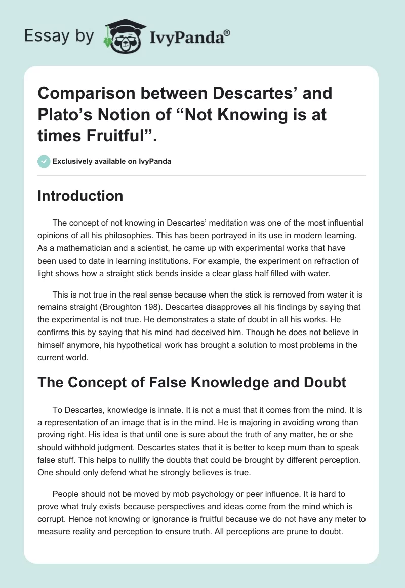 Comparison Between Descartes’ and Plato’s Notion of “Not Knowing Is at Times Fruitful”.. Page 1