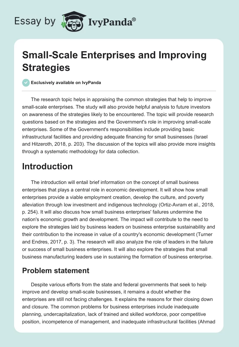 Small-Scale Enterprises and Improving Strategies - 2369 Words