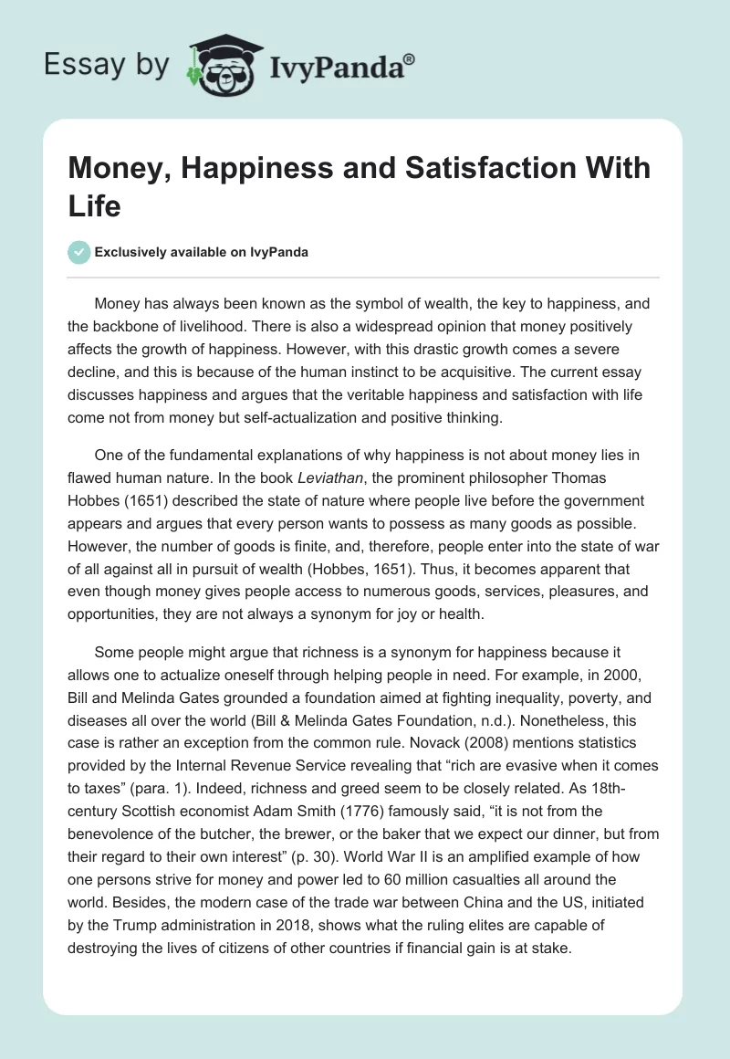 Money, Happiness and Satisfaction With Life. Page 1