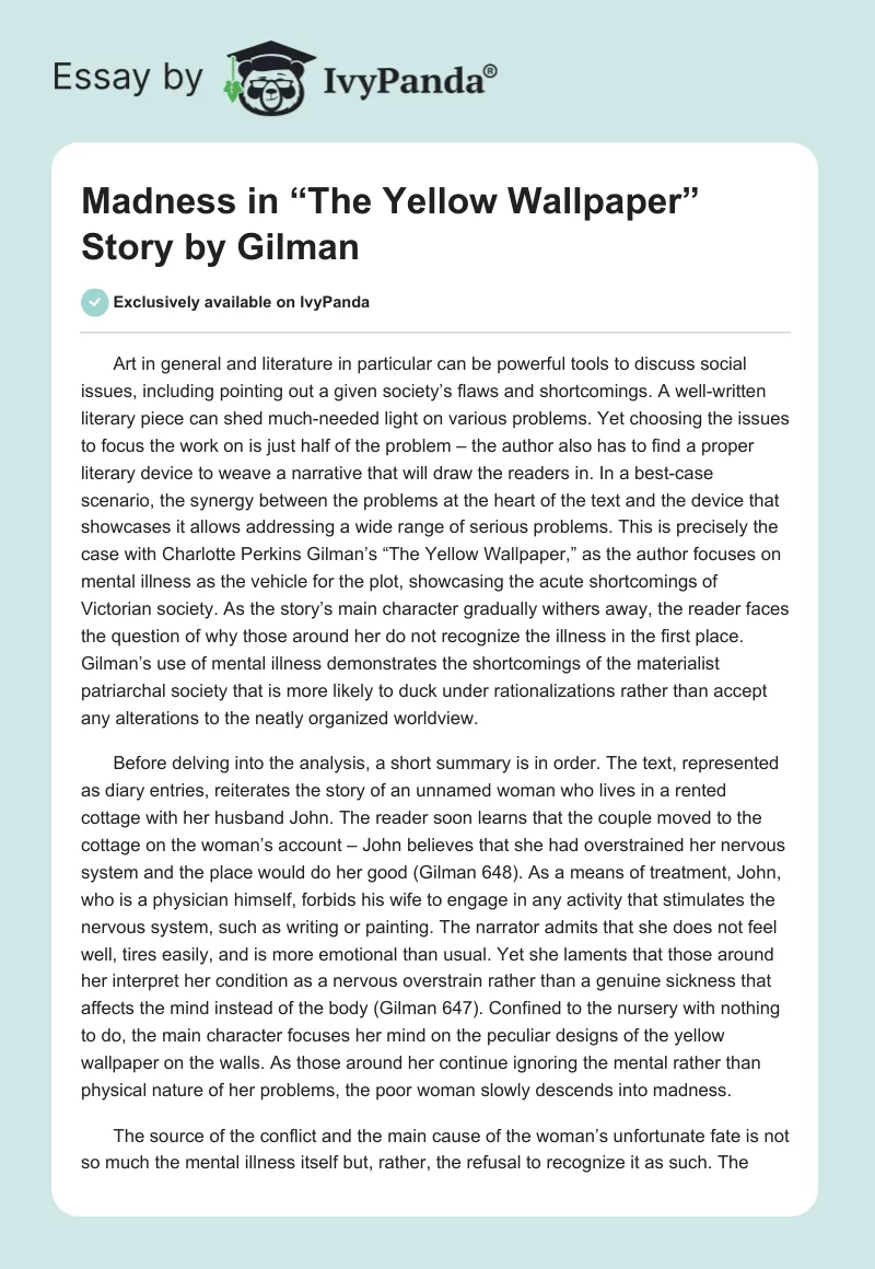 Madness in “The Yellow Wallpaper” Story by Gilman. Page 1