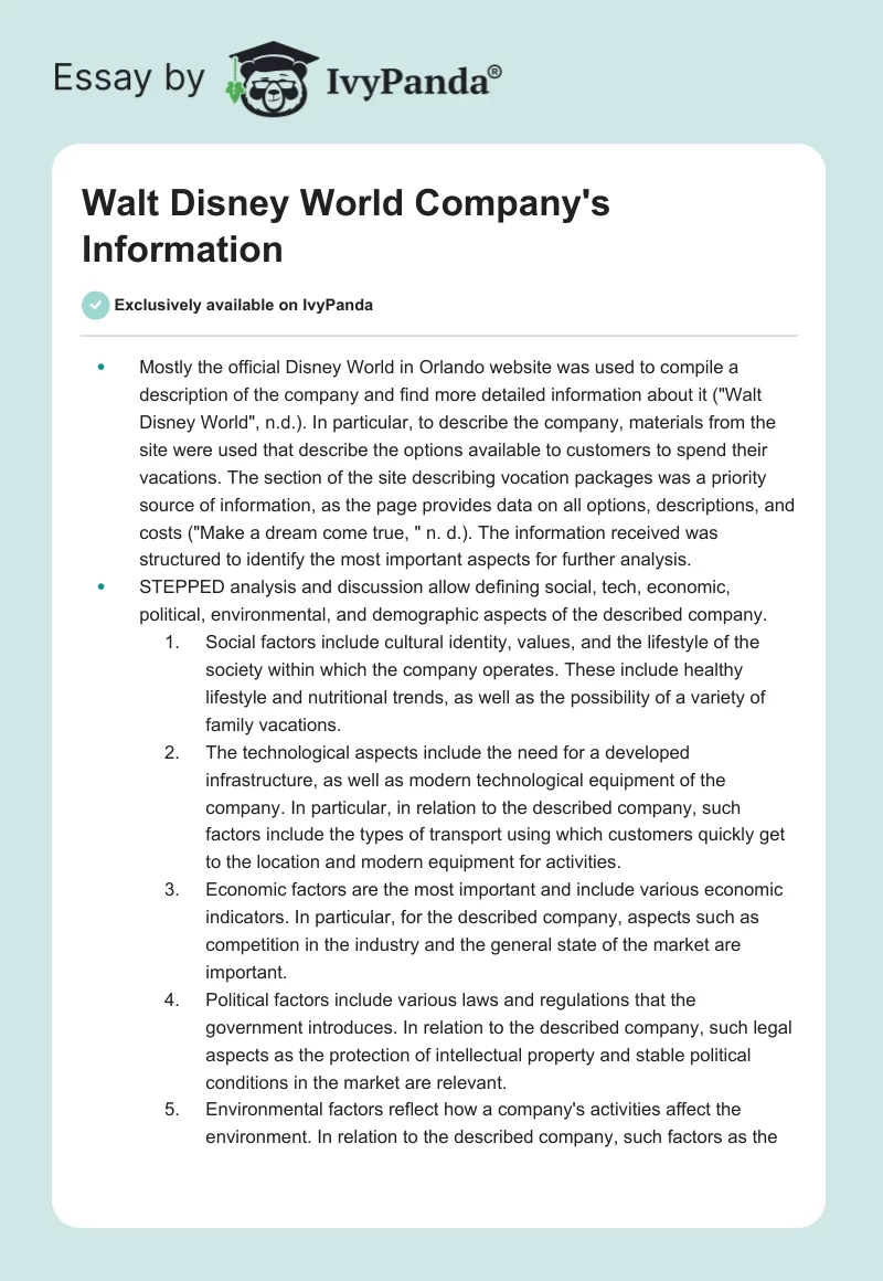 Walt Disney World Company's Information. Page 1
