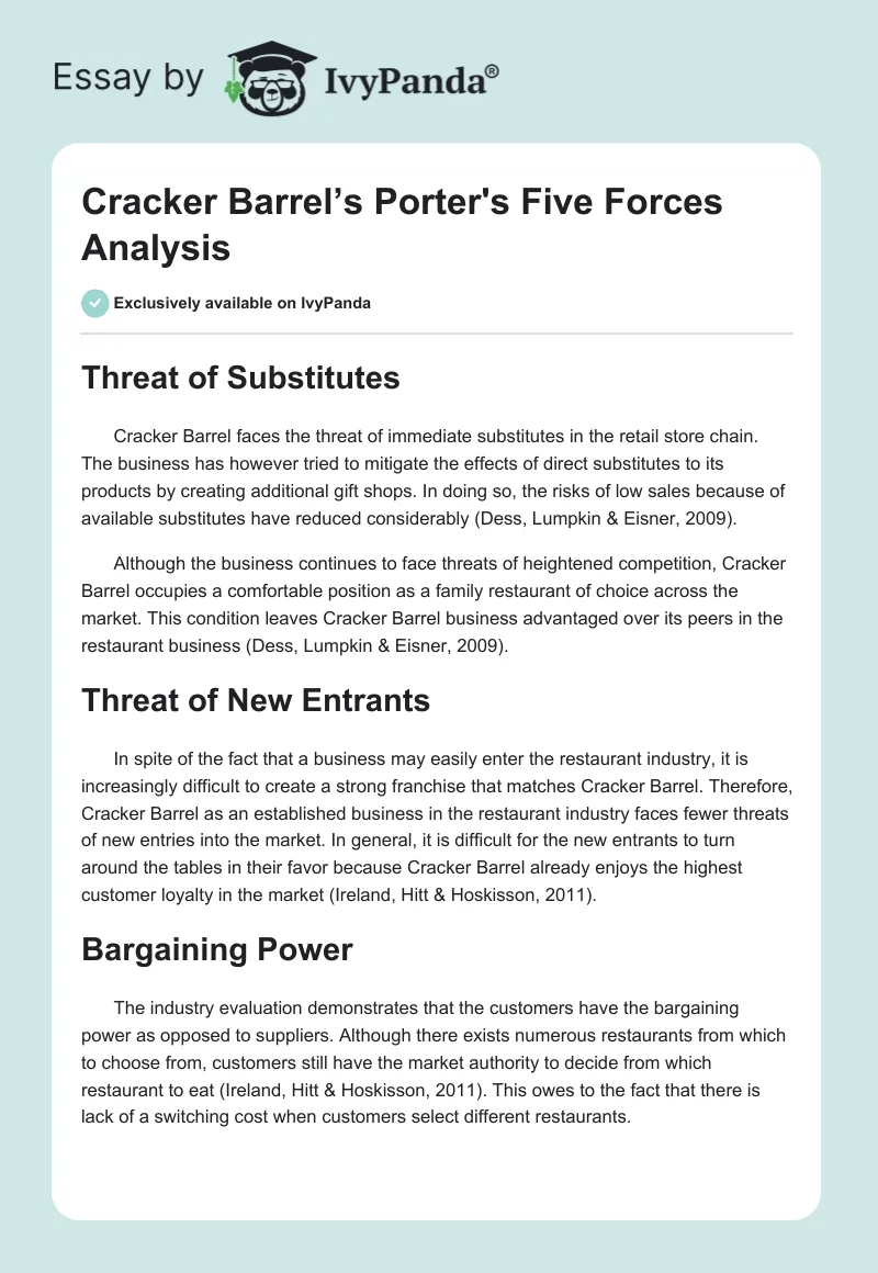 Cracker Barrel’s Porter's Five Forces Analysis. Page 1