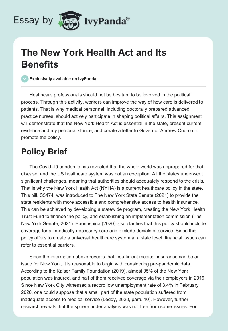 The New York Health Act and Its Benefits. Page 1