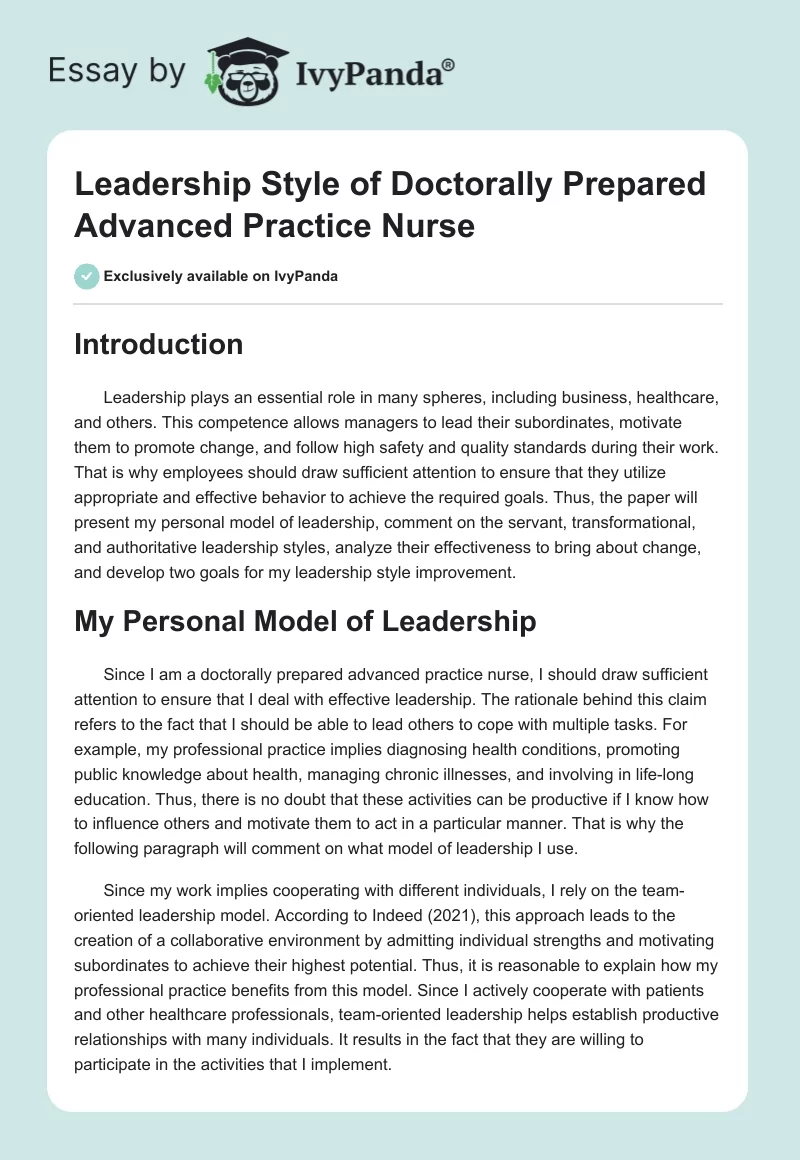 Leadership Style of Doctorally Prepared Advanced Practice Nurse. Page 1