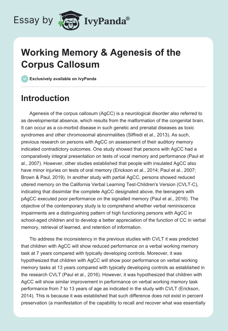Working Memory & Agenesis of the Corpus Callosum. Page 1