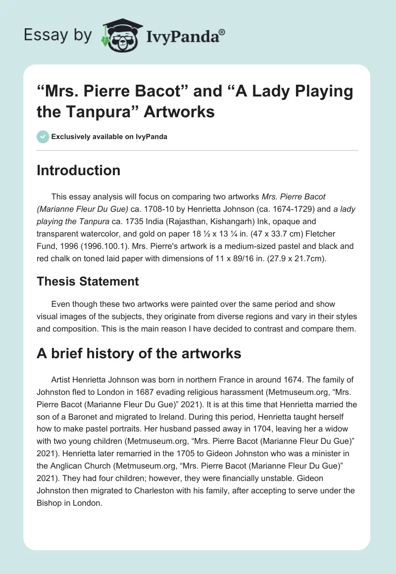 “Mrs. Pierre Bacot” and “A Lady Playing the Tanpura” Artworks. Page 1