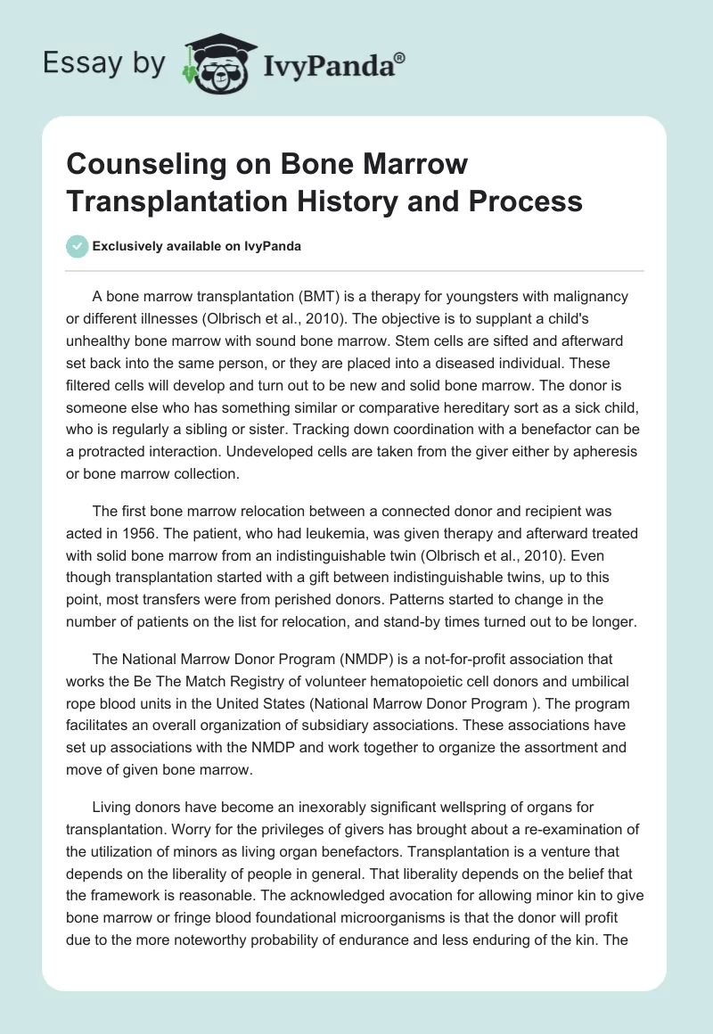 Counseling on Bone Marrow Transplantation History and Process. Page 1