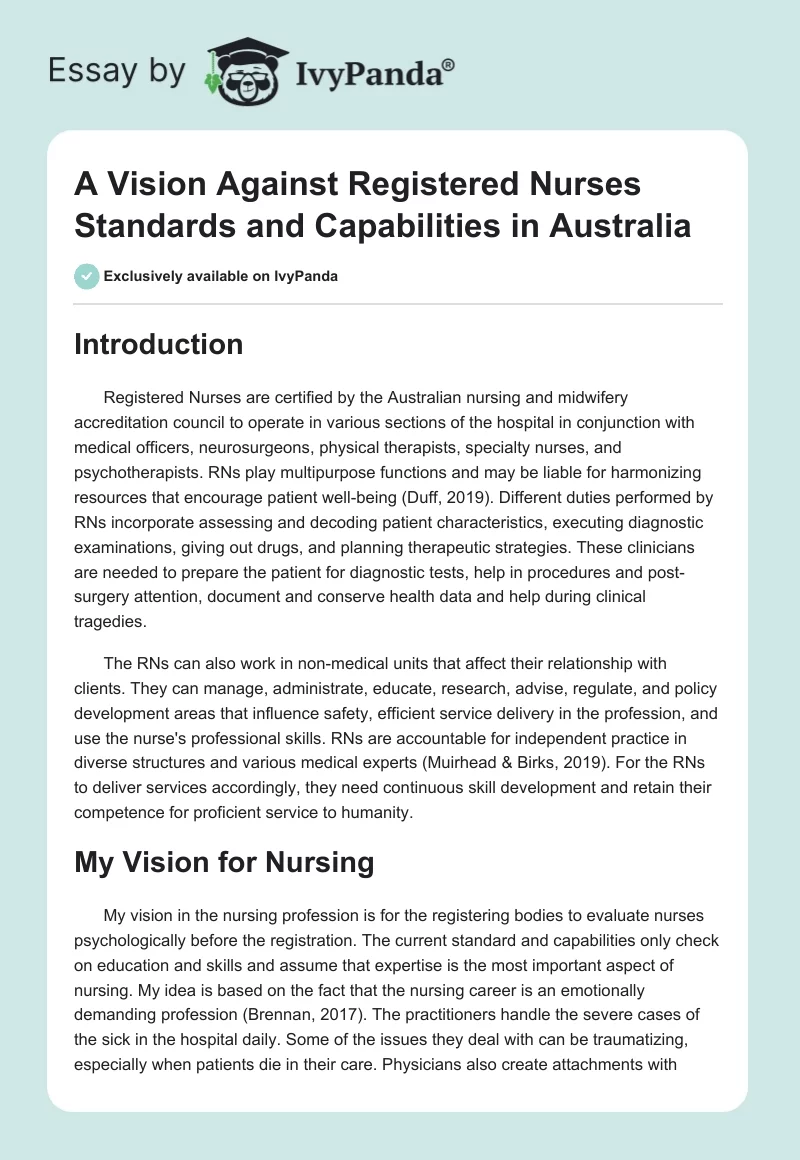A Vision Against Registered Nurses Standards and Capabilities in Australia. Page 1