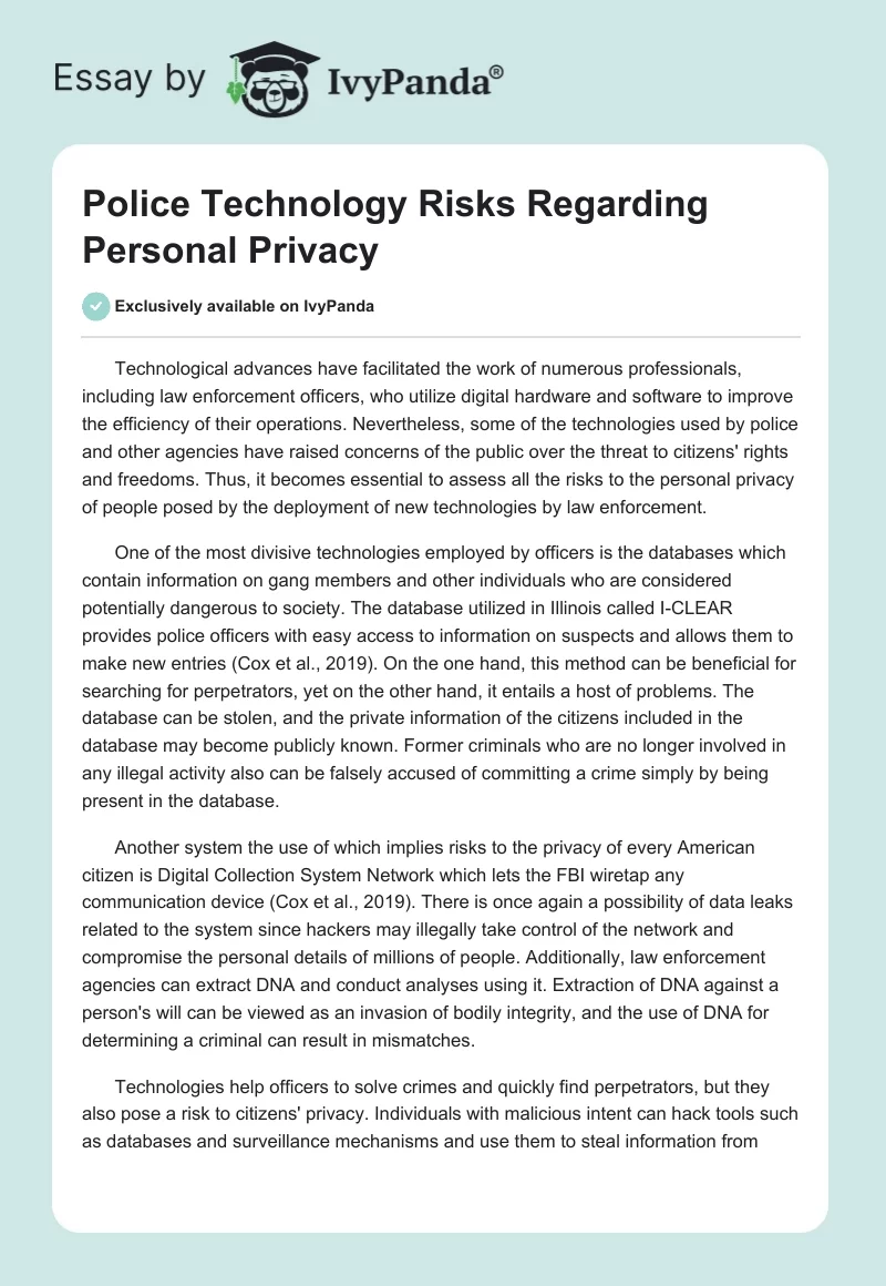 Police Technology Risks Regarding Personal Privacy. Page 1