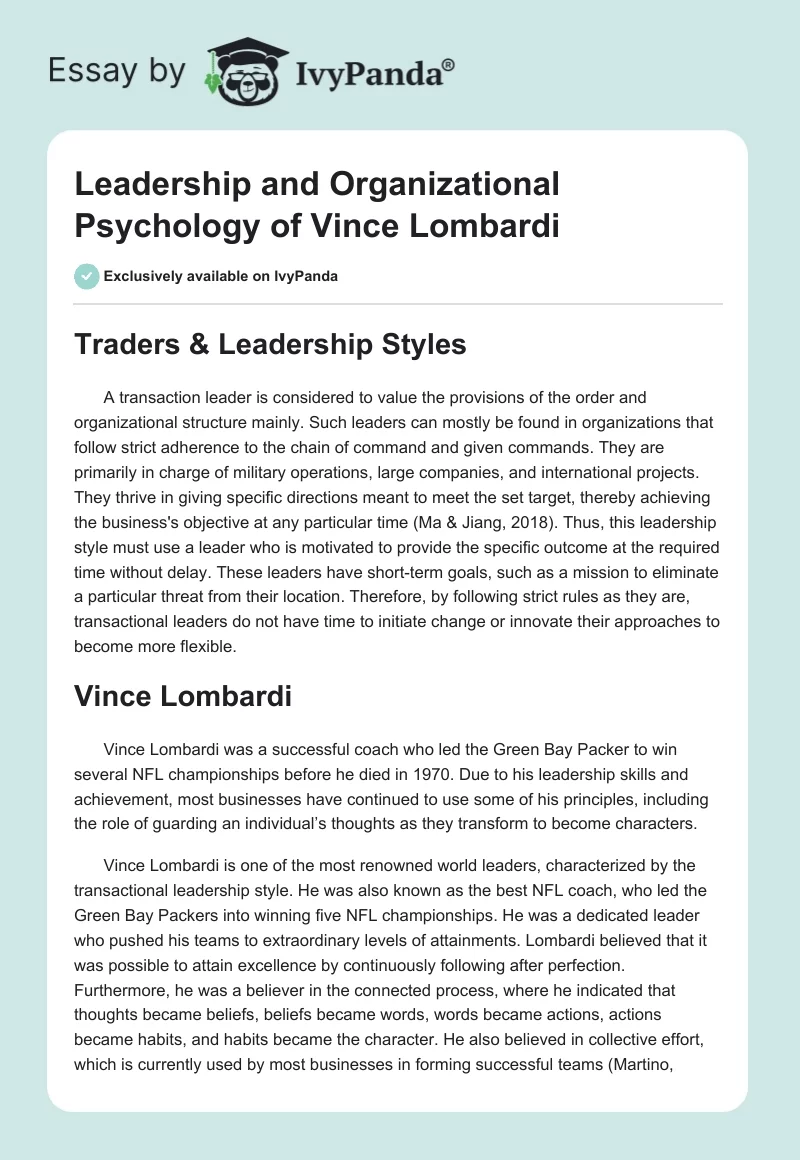 Leadership and Organizational Psychology of Vince Lombardi. Page 1