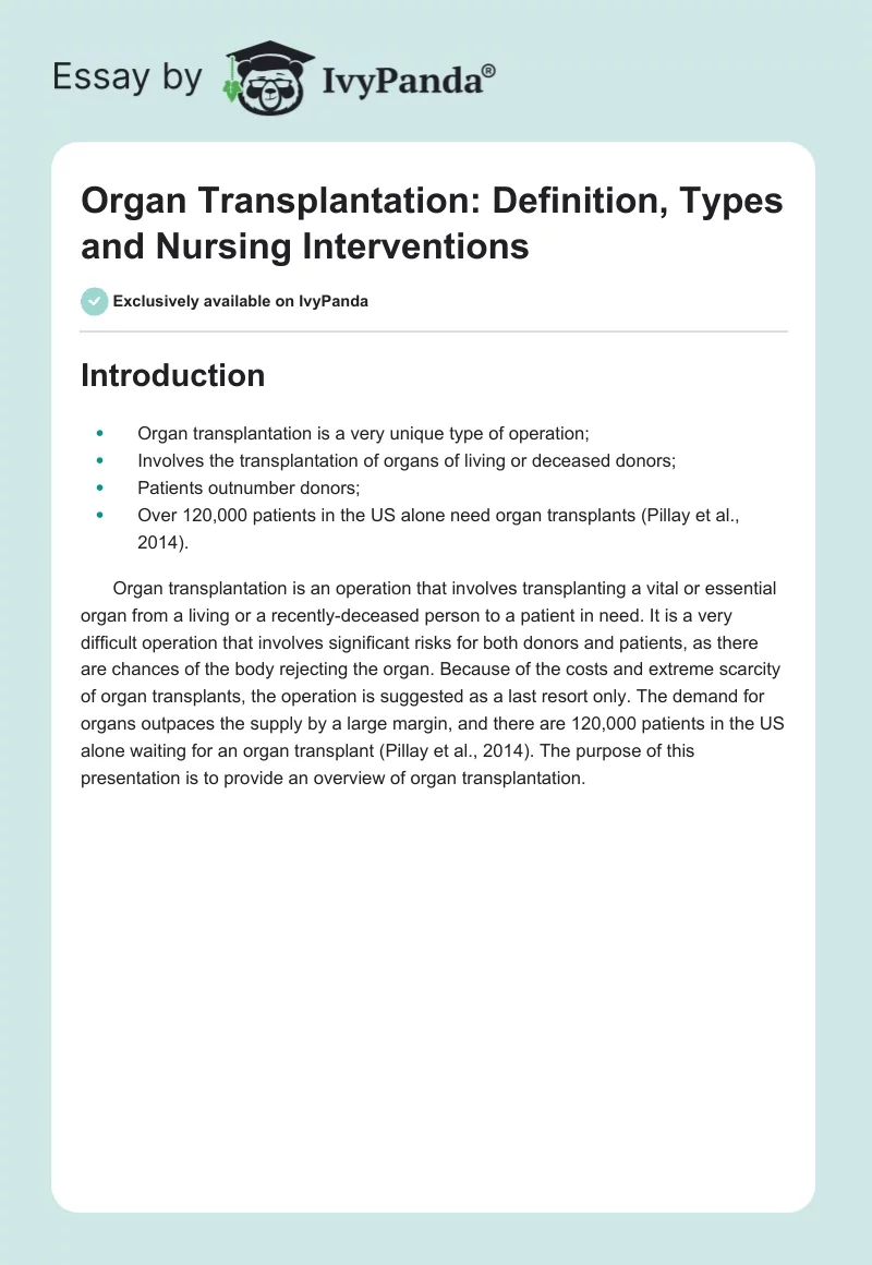 Organ Transplantation: Definition, Types and Nursing Interventions. Page 1