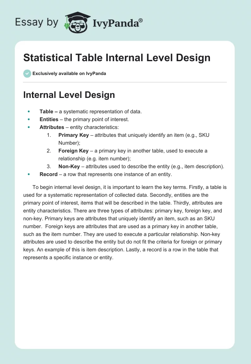 Statistical Table Internal Level Design. Page 1