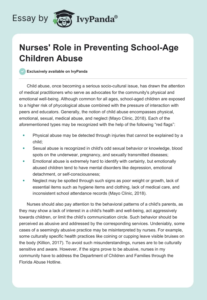 Nurses' Role in Preventing School-Age Children Abuse. Page 1