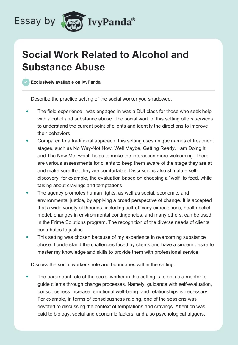 Social Work Related to Alcohol and Substance Abuse. Page 1