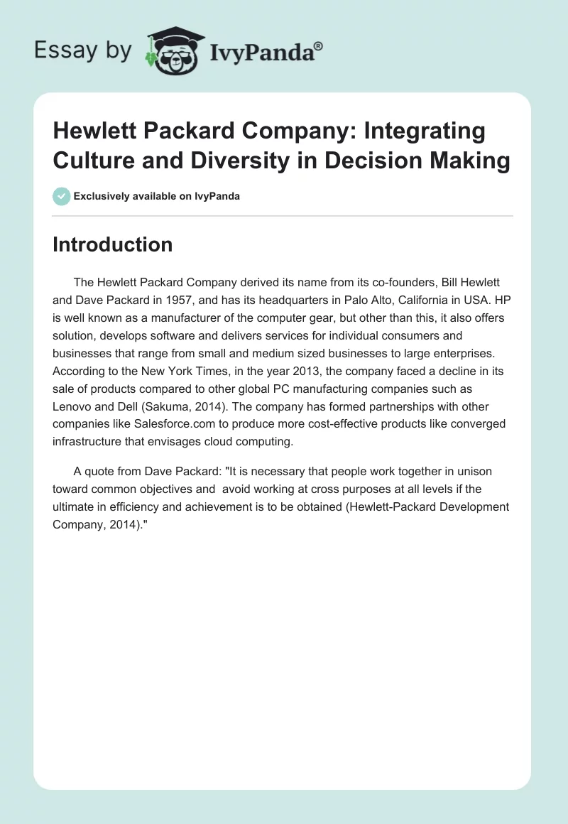 Hewlett Packard Company: Integrating Culture and Diversity in Decision Making. Page 1