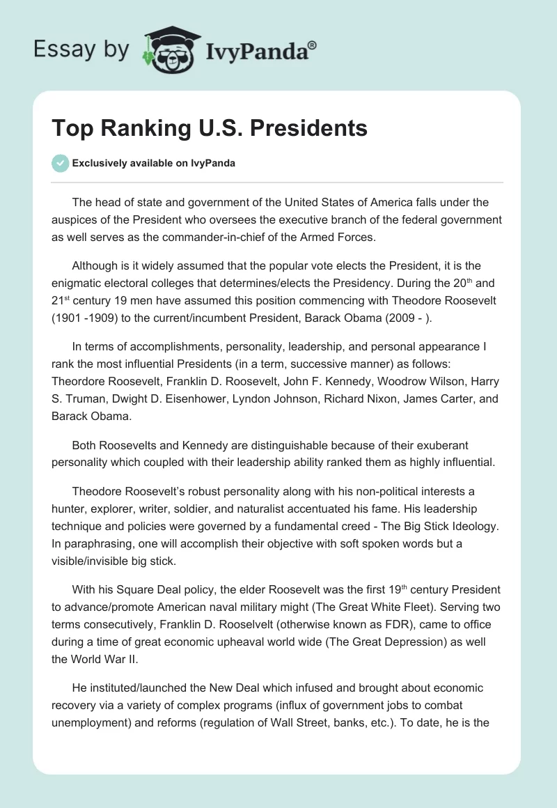 Top Ranking U.S. Presidents. Page 1