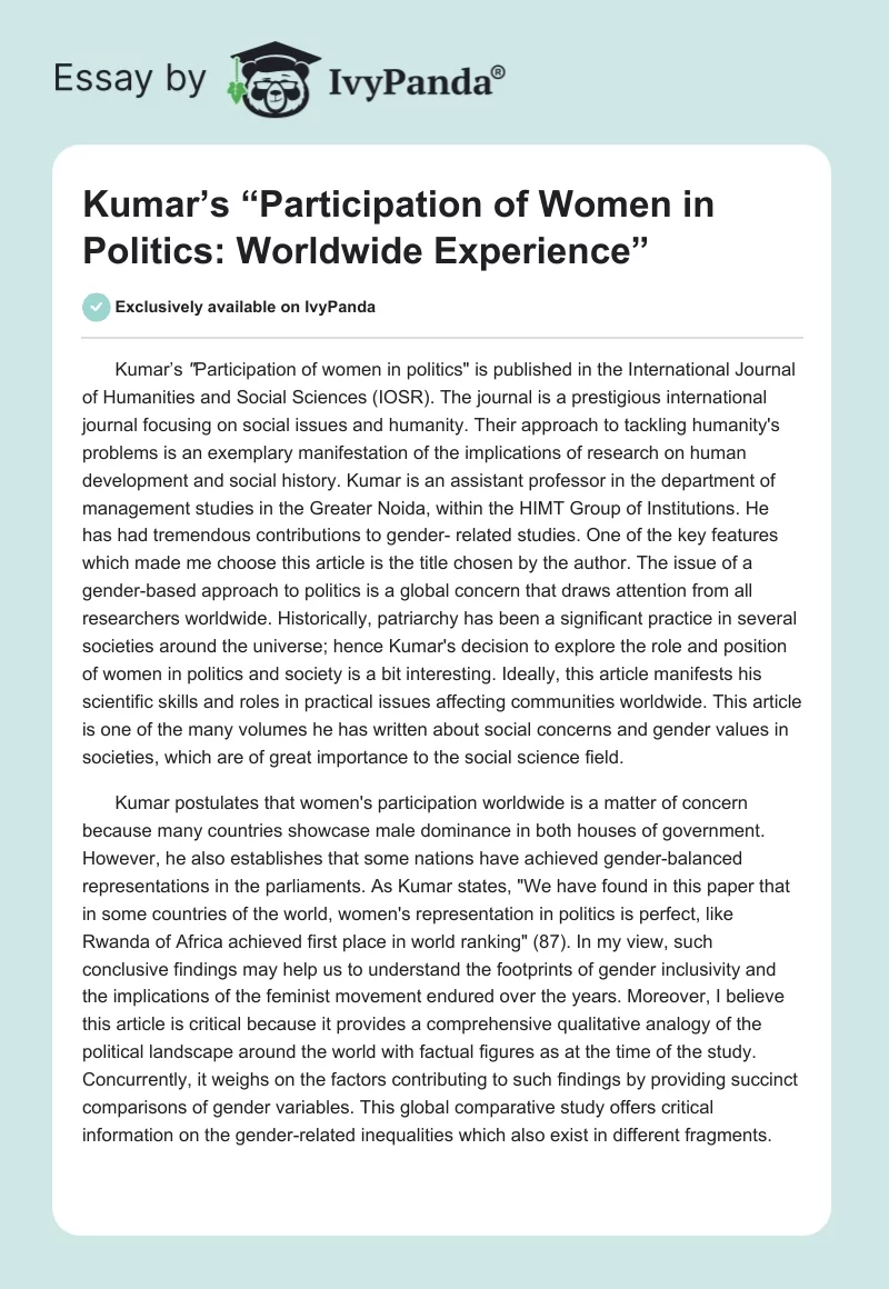 Kumar’s “Participation of Women in Politics: Worldwide Experience”. Page 1