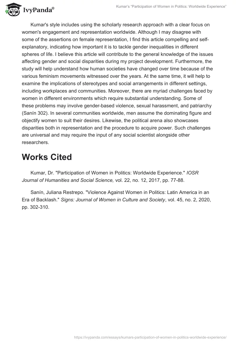 Kumar’s “Participation of Women in Politics: Worldwide Experience”. Page 2