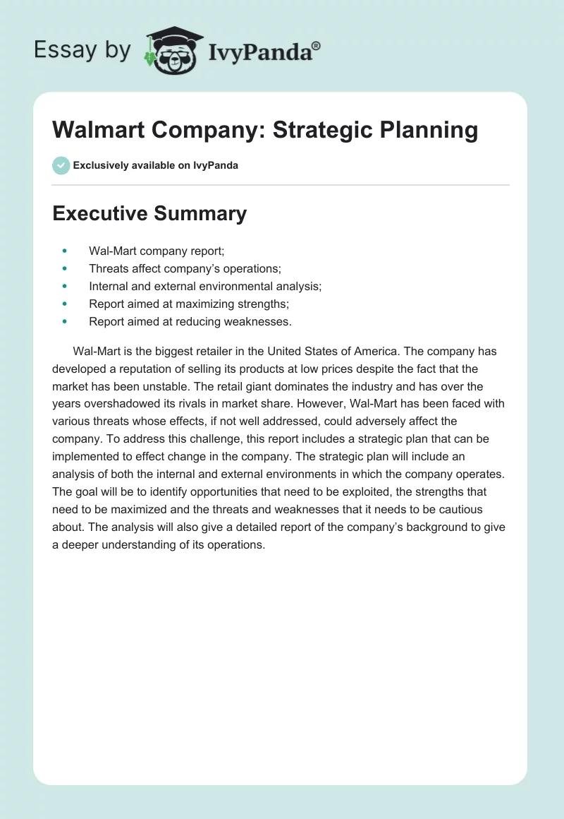 Walmart Company: Strategic Planning. Page 1