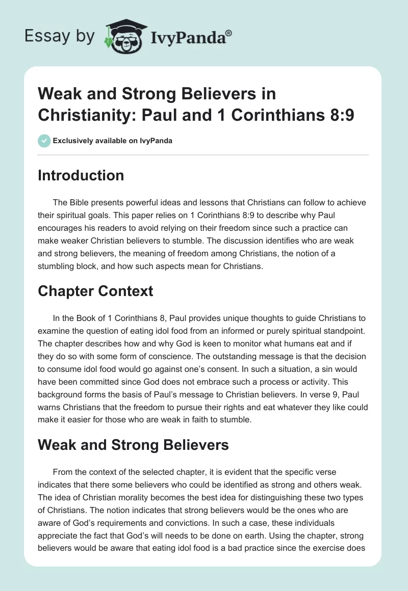 Weak and Strong Believers in Christianity: Paul and 1 Corinthians 8:9. Page 1