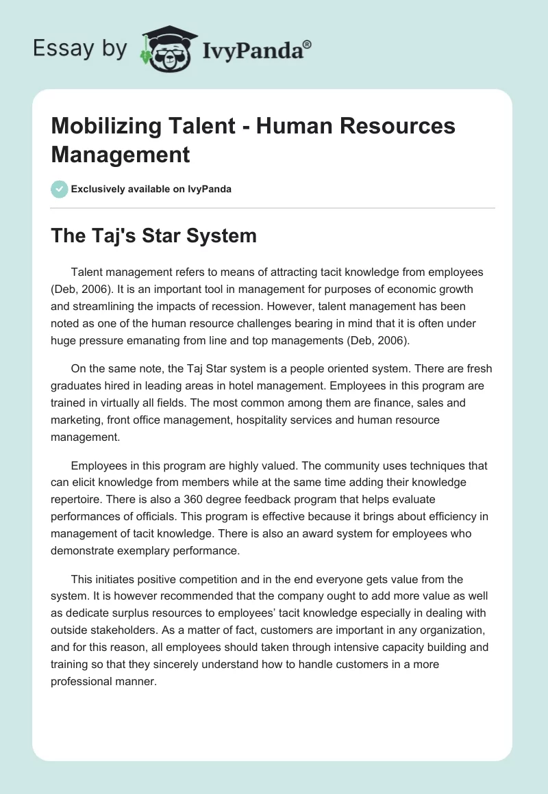 Mobilizing Talent - Human Resources Management. Page 1