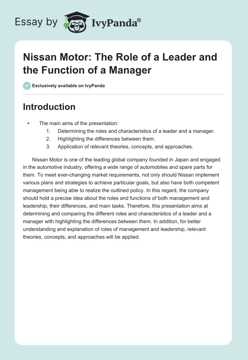 Nissan Motor: The Role of a Leader and the Function of a Manager. Page 1