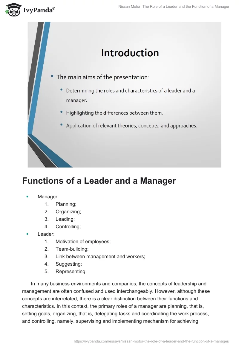 Nissan Motor: The Role of a Leader and the Function of a Manager. Page 2
