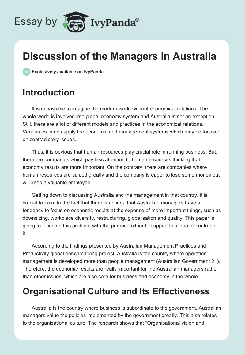 Discussion of the Managers in Australia. Page 1