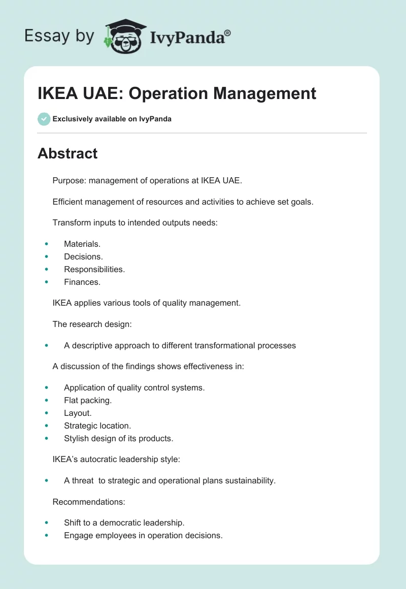 IKEA UAE: Operation Management. Page 1