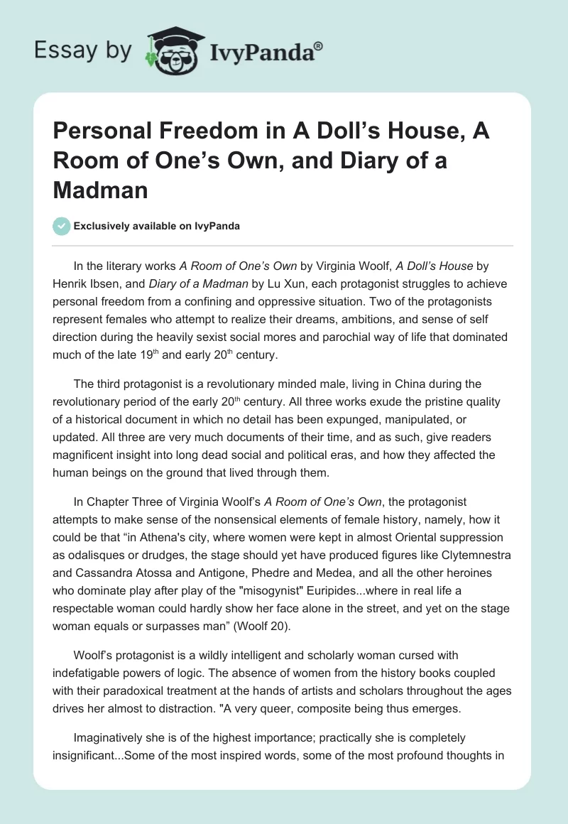 Personal Freedom in A Doll’s House, A Room of One’s Own, and Diary of a Madman. Page 1