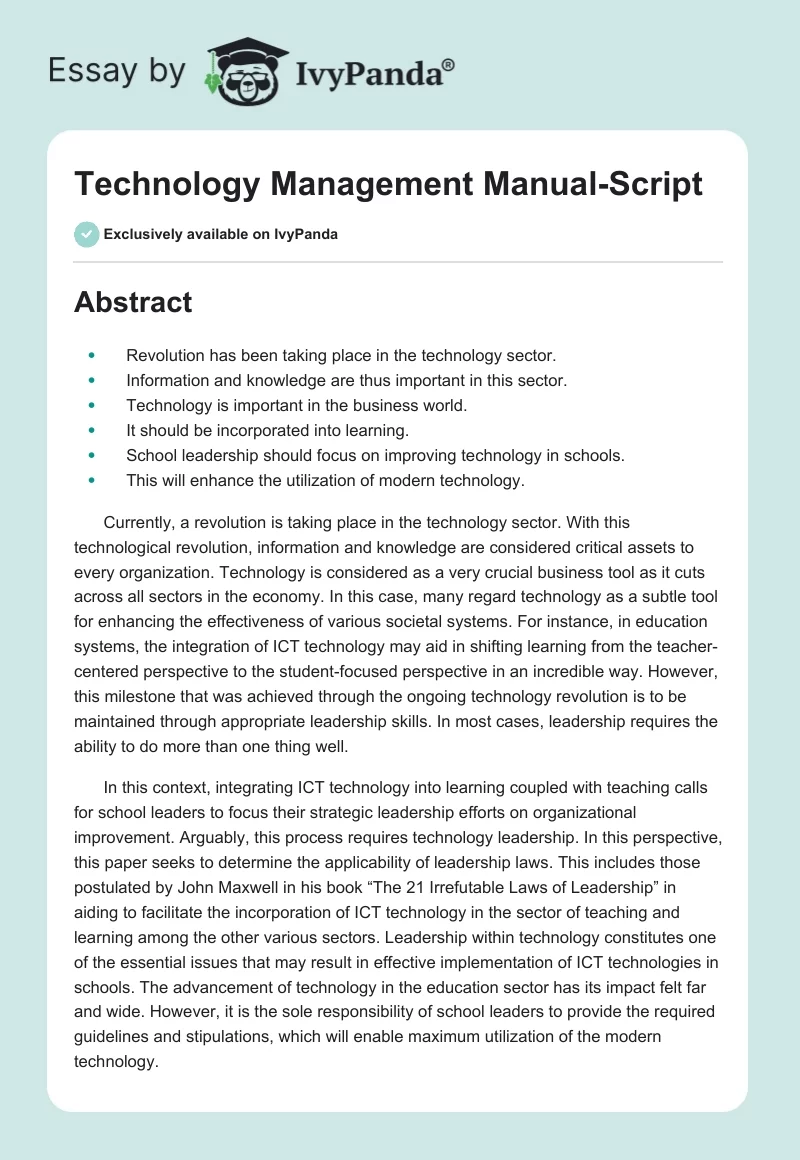 Technology Management Manual-Script. Page 1