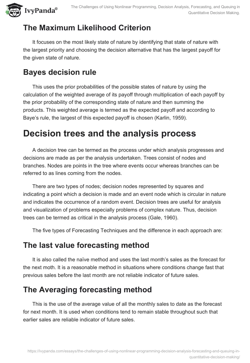 The Challenges of Using Nonlinear Programming, Decision Analysis, Forecasting, and Queuing in Quantitative Decision Making.. Page 4