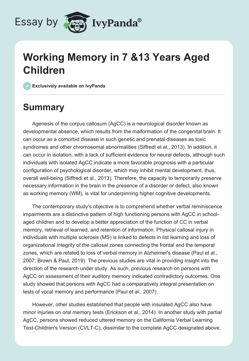 Working Memory in 7 &13 Years Aged Children. Page 1