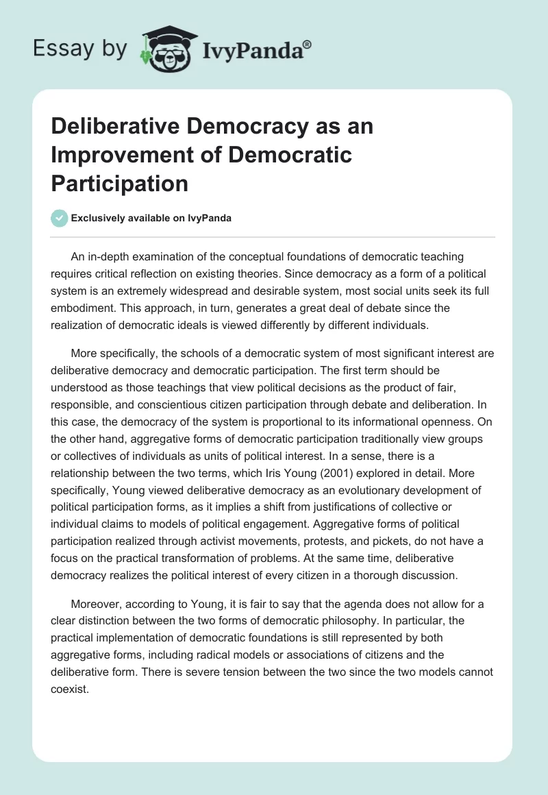 Deliberative Democracy as an Improvement of Democratic Participation. Page 1