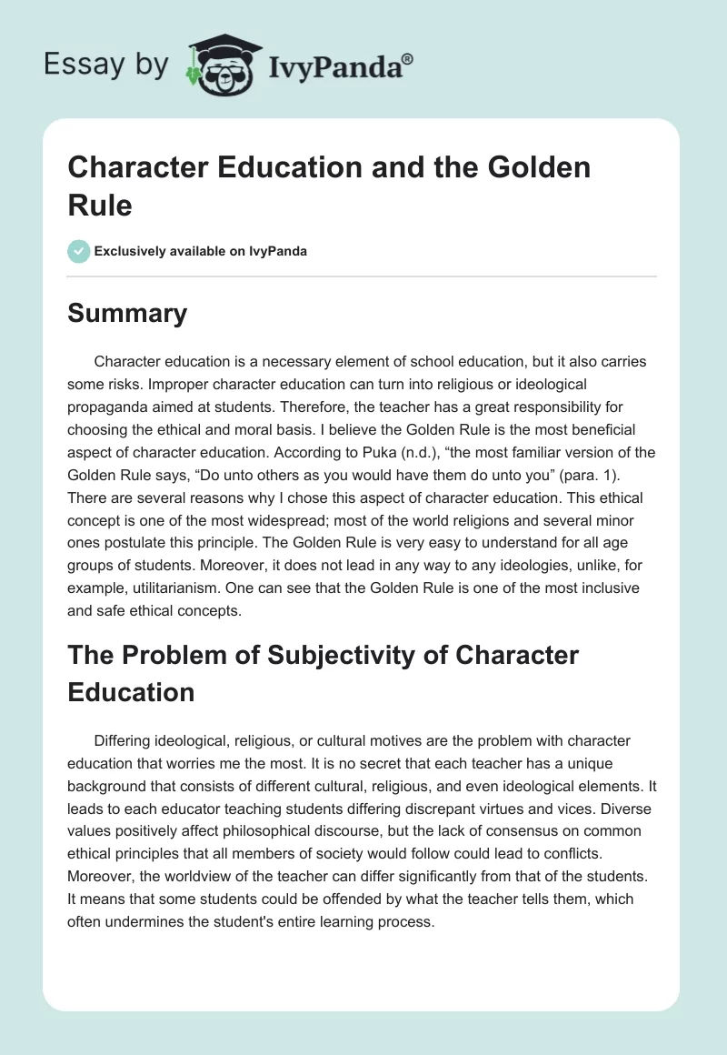 Character Education and the Golden Rule. Page 1