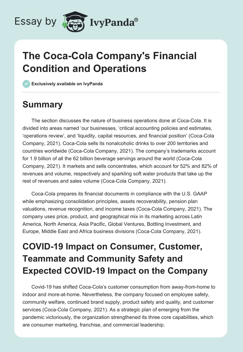 The Coca-Cola Company's Financial Condition and Operations. Page 1