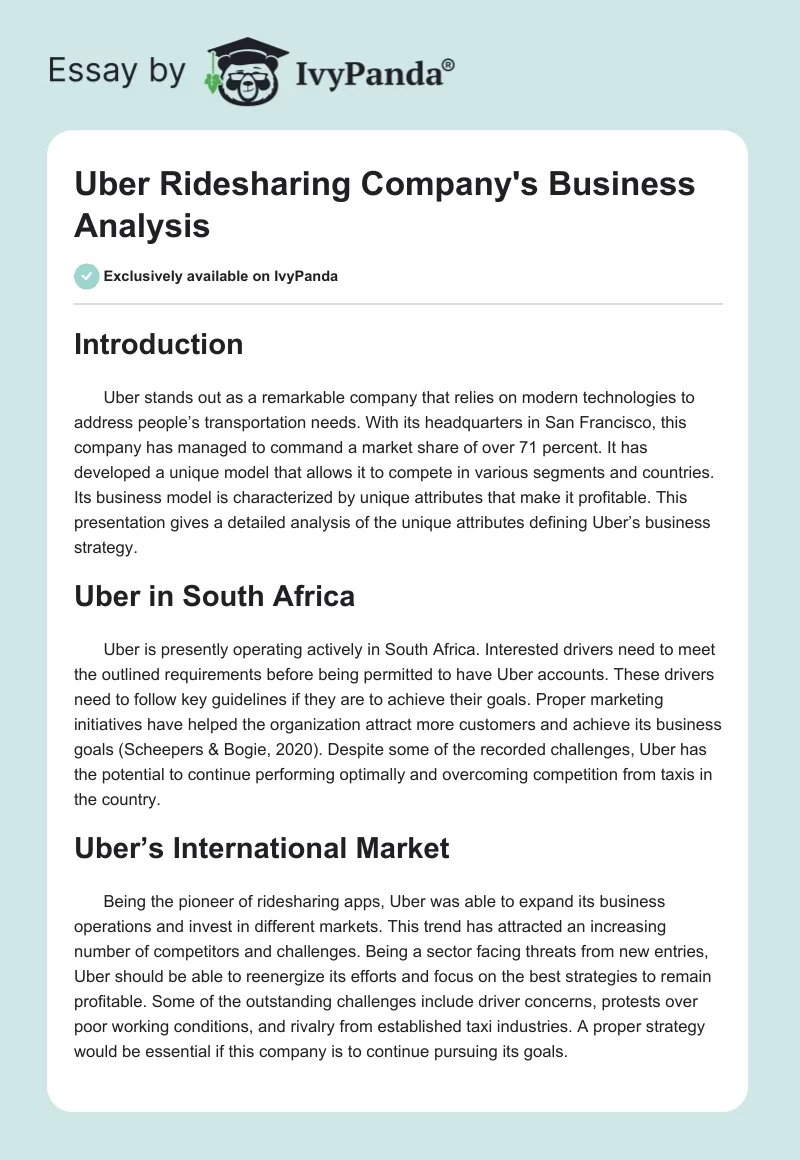 Uber Ridesharing Company's Business Analysis. Page 1