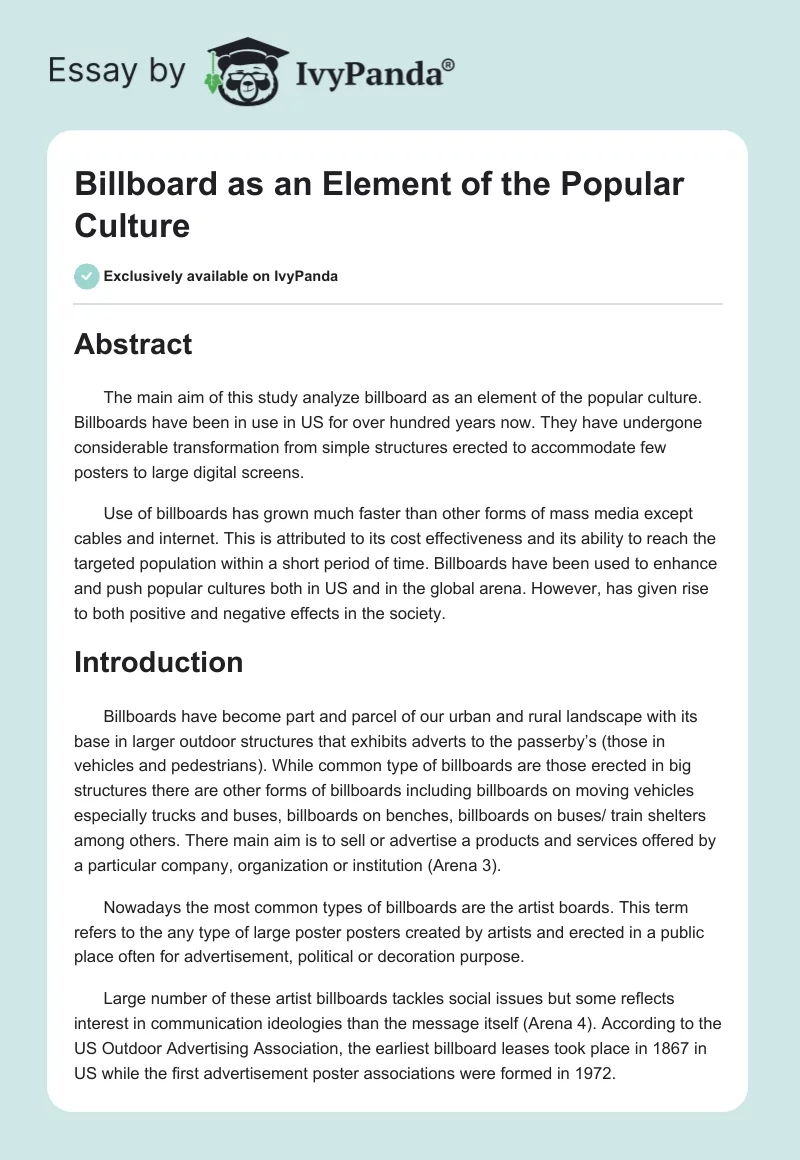 Billboard and popular culture - 3498 Words | Term Paper Example