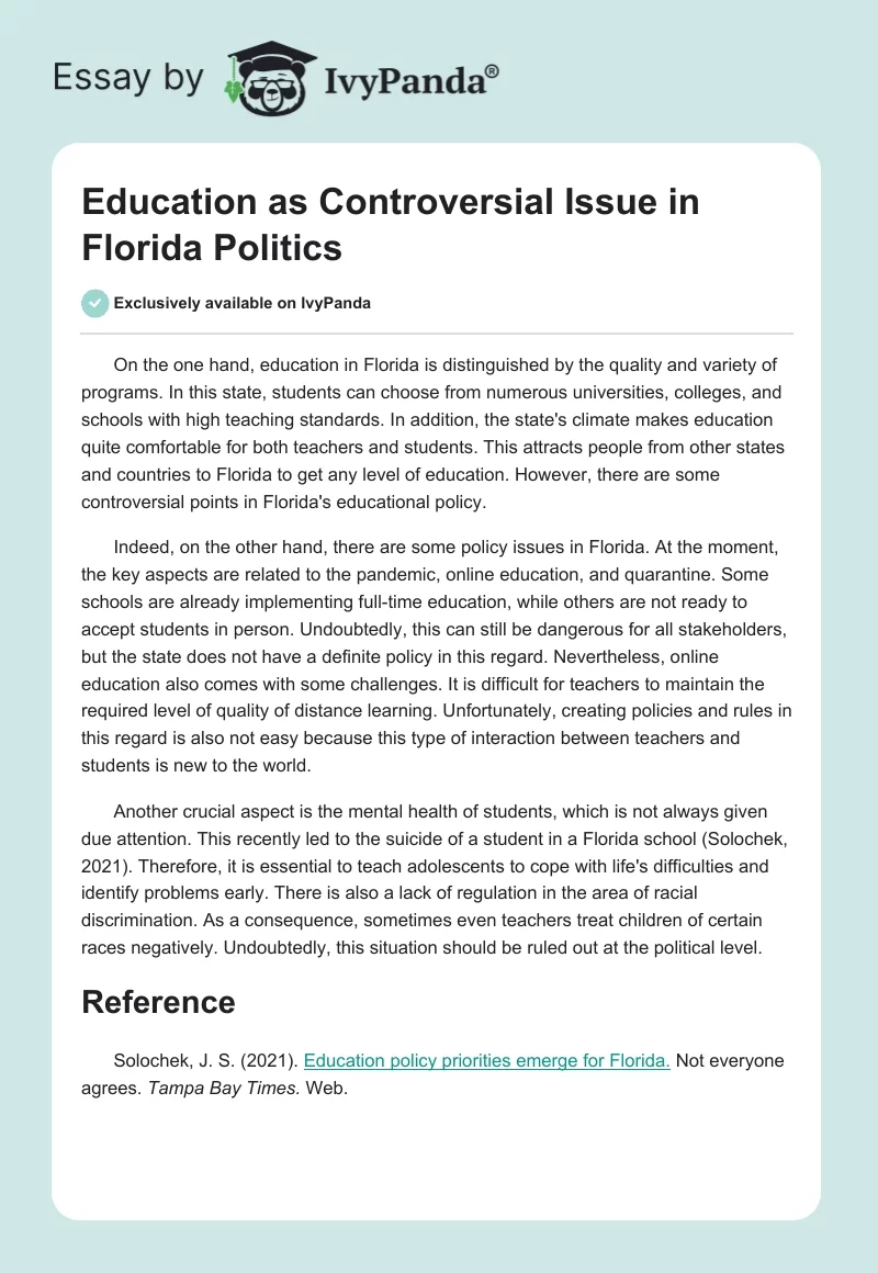 Education as Controversial Issue in Florida Politics. Page 1