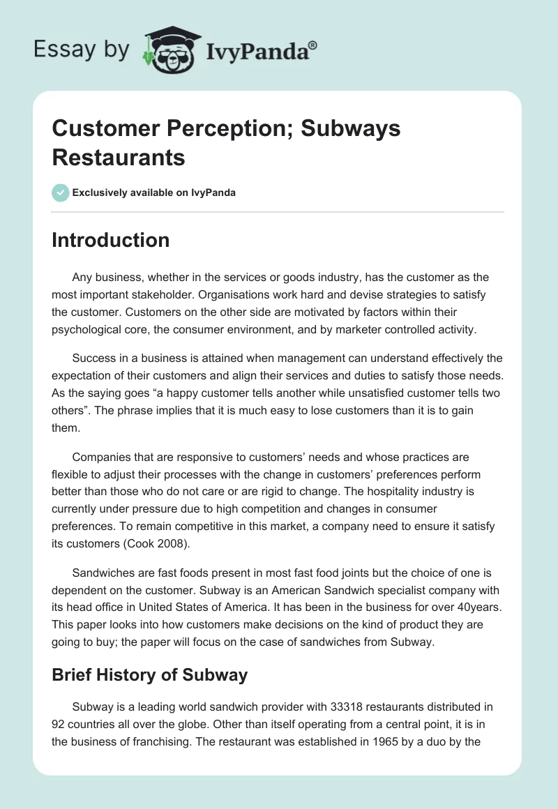 Customer Perception; Subways Restaurants. Page 1