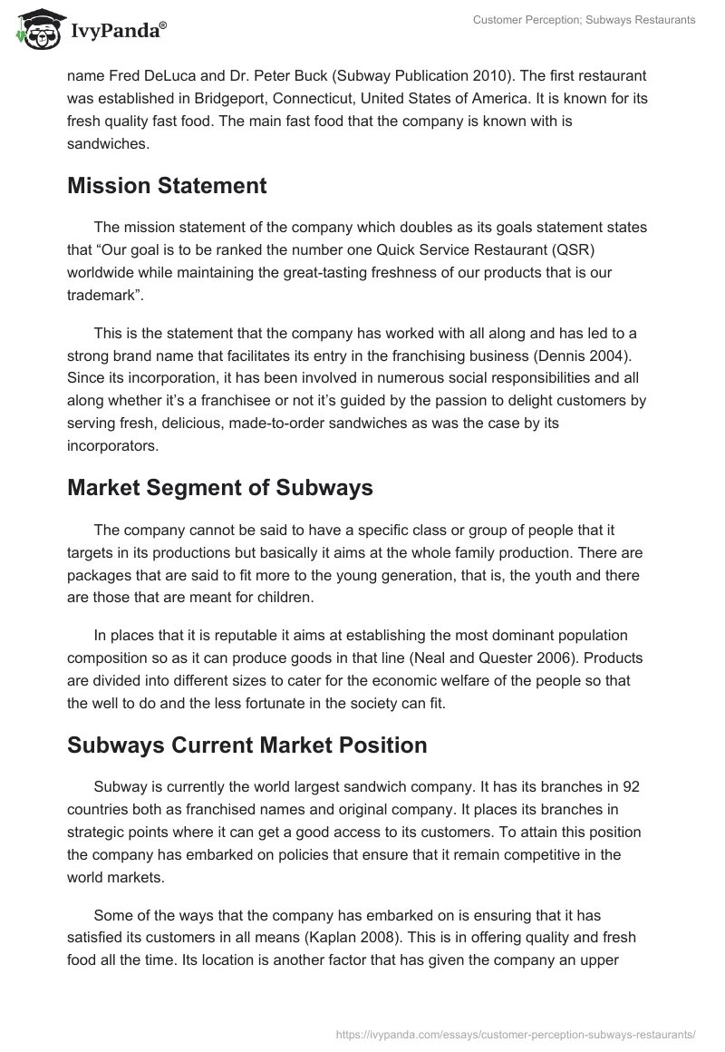 Customer Perception; Subways Restaurants. Page 2