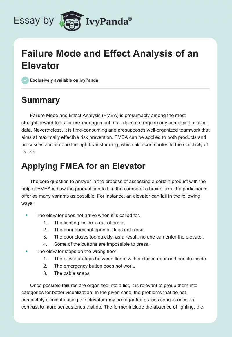 Failure Mode and Effect Analysis of an Elevator. Page 1