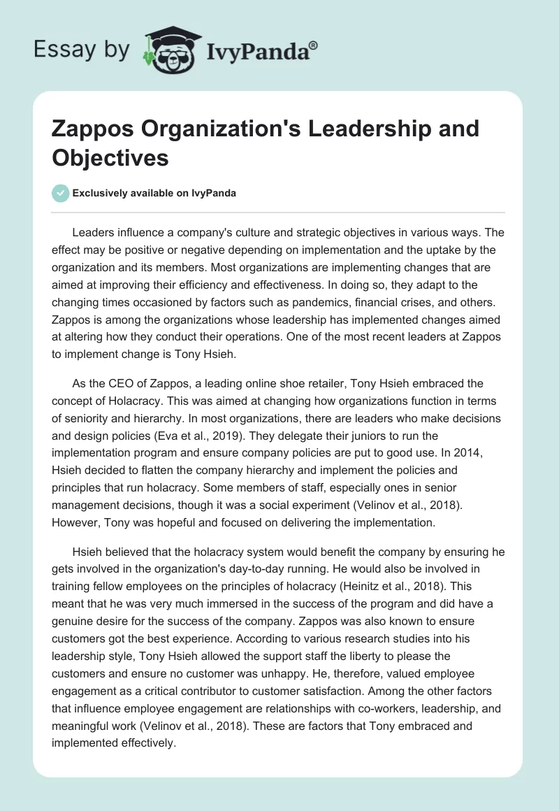 Zappos Organization's Leadership and Objectives. Page 1