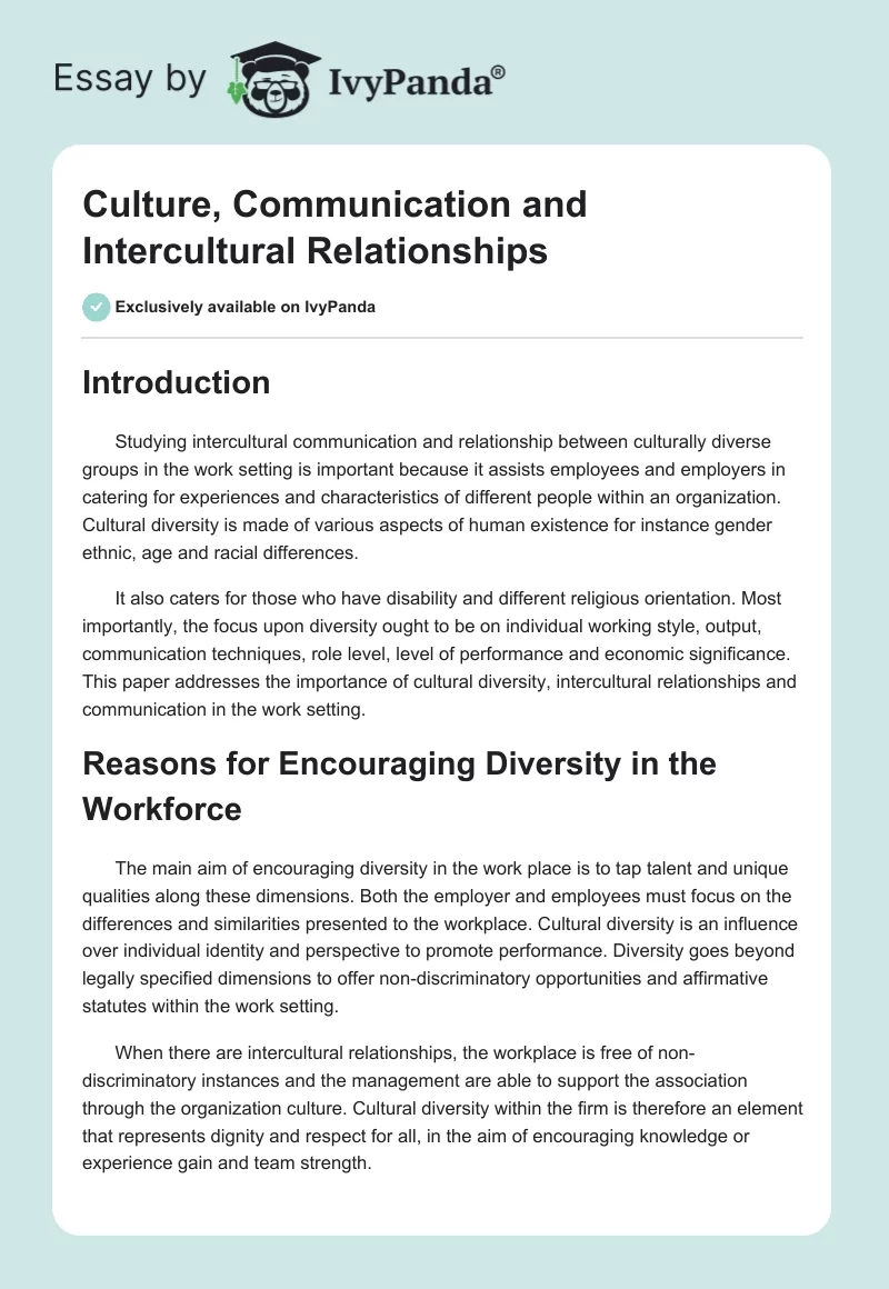 Culture, Communication and Intercultural Relationships. Page 1